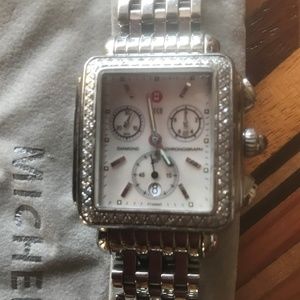 Michele Stainless Steel Diamond Bezel Watch